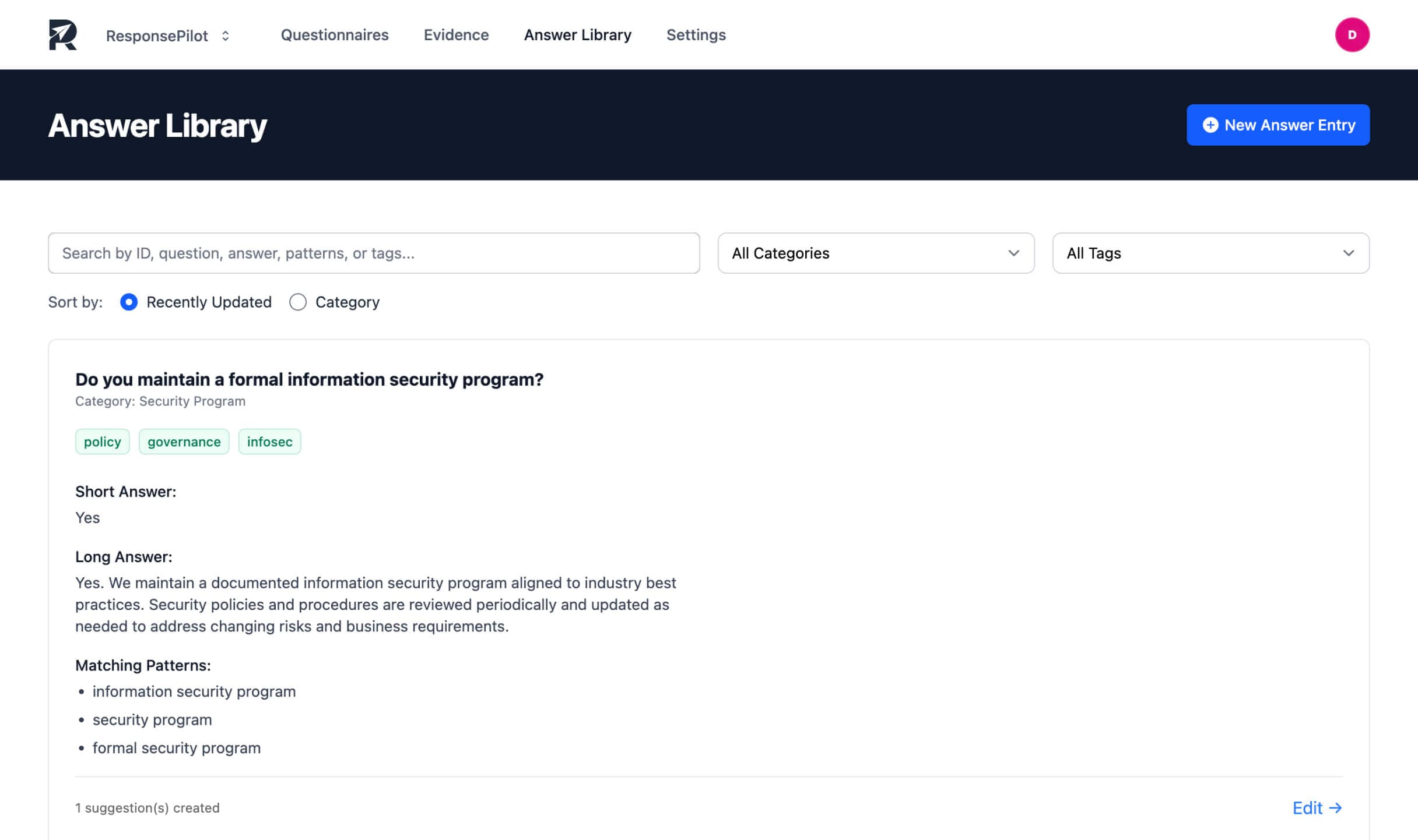 Answer library screenshot